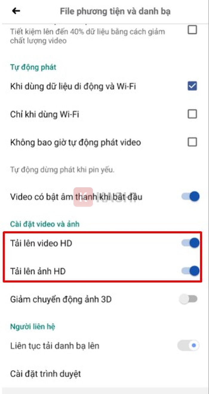 Tick chọn 2 mục "Tải ảnh lên video HD và Tải video lên ảnh HD"