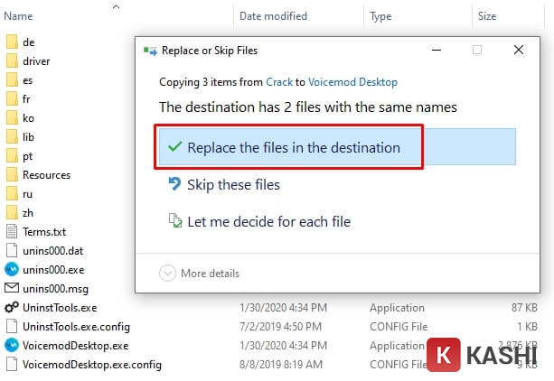 Nhấn chọn “Replace the files in the destination”