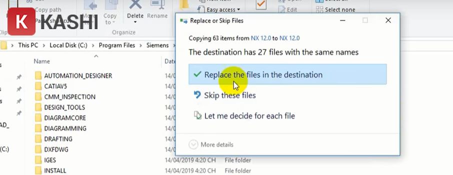 Replace the files in the destination 